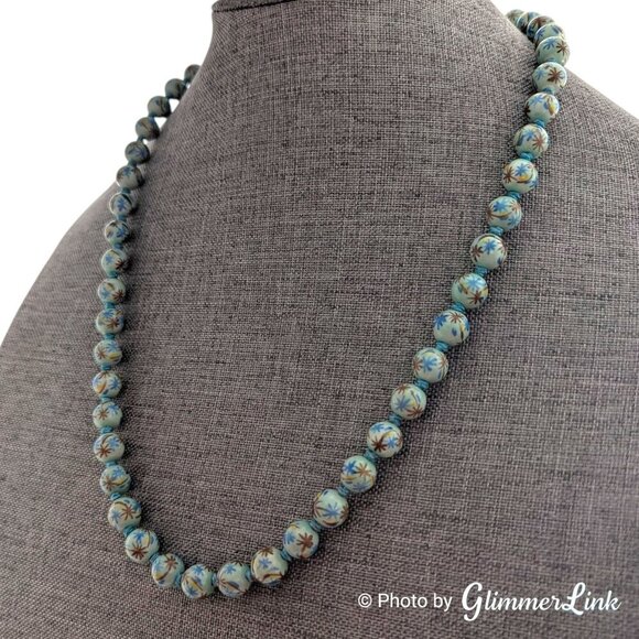 Vintage Chinese Export Hand Painted Knotted Blue Round Porcelain Bead Necklace - Picture 4 of 10